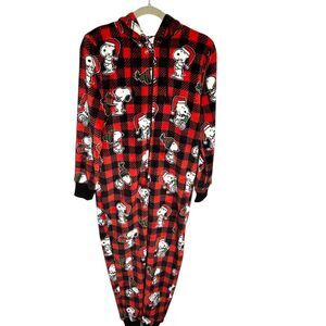 Munki Munki Women's Snoopy Plaid Fleece Hooded One Piece Pajamas S Red